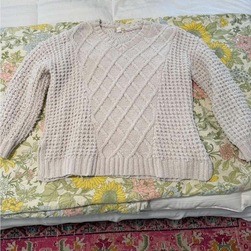 Altar'd State Cream Crew Neck Sweater with Textured Knit